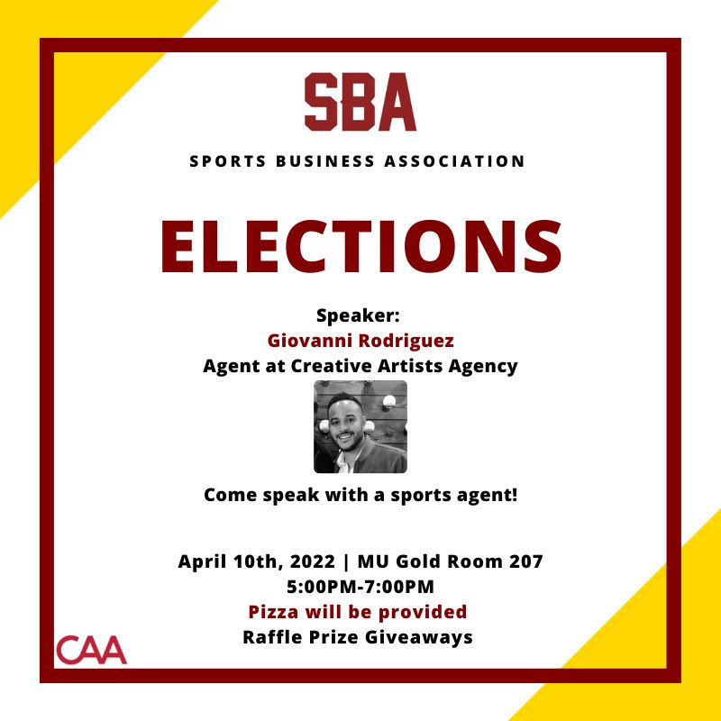 SBAatASU's tweet photo. It’s almost time to elect your executive board for 2022-2023!

You don’t want to miss out on an amazing speaker, free food/prizes, and a fun evening!

Use this link to RSVP: https://t.co/9XhhMUU87K https://t.co/vWwf8I4j4Q