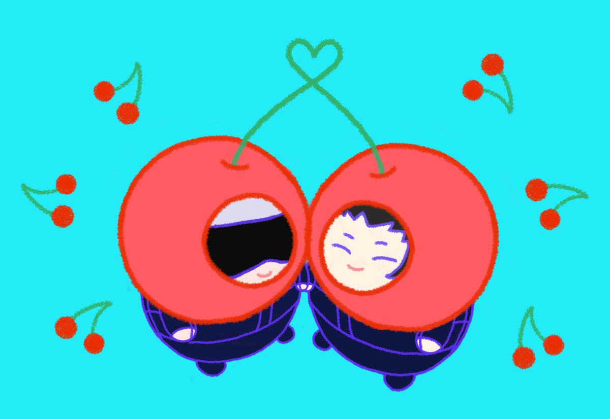 cherry fruit food simple background smile multiple boys 2boys  illustration images