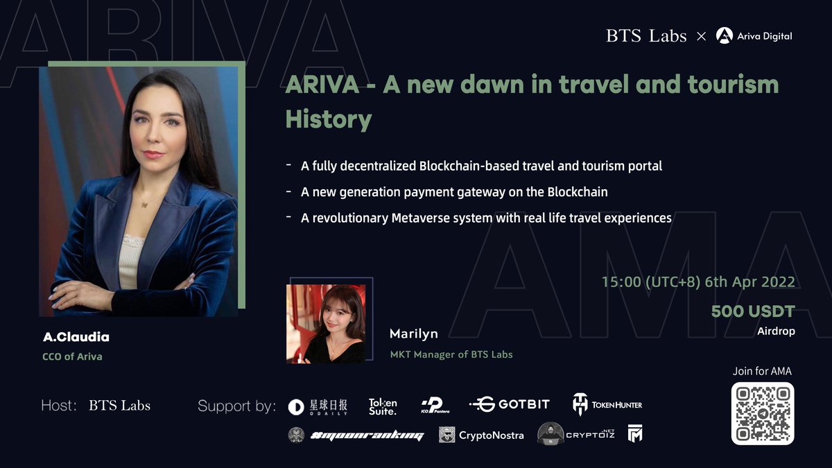 btslabs_global's tweet photo. BTS Labs #AMA session with @ArivaCoin on 6th Apr at 15:00 (UTC+8) in BTS Labs community: https://t.co/MWRVTv5bdW

🎁Win $300 USDT
1. Follow @ArivaCoin @btslabs_global @BTS_Ventures 
2. RT &amp; tag 3 friends

🎁Win $200 USDT
1. Comment below with your question https://t.co/pWWjkIxnOS