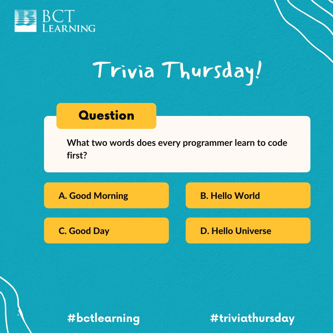 What do you think, which one it is?
Check your knowledge with Trivia Thursday!
Send us your answers below ⬇️

#bctlearning #triviathurday #Coding   #programming  #programmingtrivia #testyourknowledge