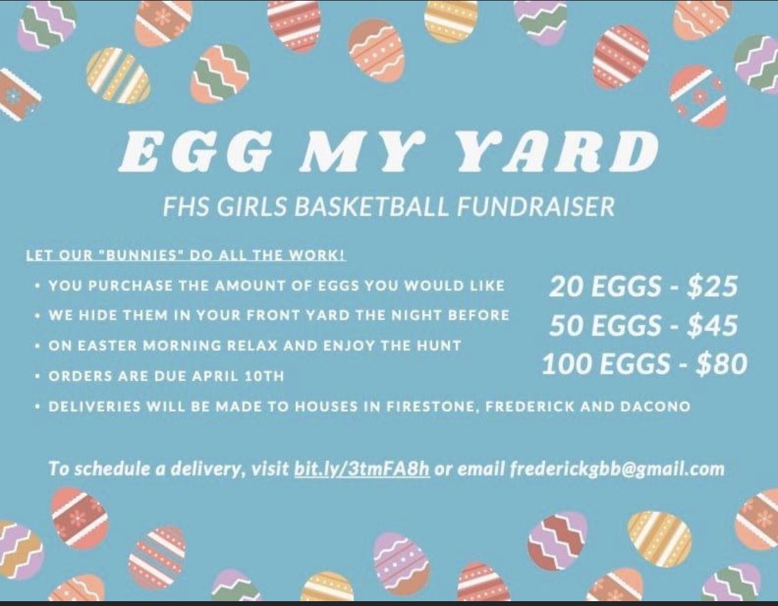 FrederickCOgbb's tweet photo. Please help support our players in their Easter Egg fundraiser! Let us take care of buying, filling and hiding colorful eggs for you this Easter! We will be "hopping" around Carbon Valley decorating yards on Saturday night, April 16th.  To sign up, visit https://t.co/5DrqM4aXYe. https://t.co/6OywQpZlad
