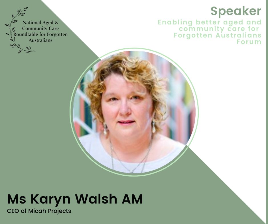 SAT_Community's tweet photo. Karyn Walsh AM, CEO, Micah Projects, will discuss "The past and the present of advocating for better care", at the Enabling Better Aged and Community Care for Forgotten Australians National Forum. To register, https://t.co/GxZc2g7wh9 #ForgottenAustralians #agedcare #communitycare https://t.co/D68gJ2ysCS