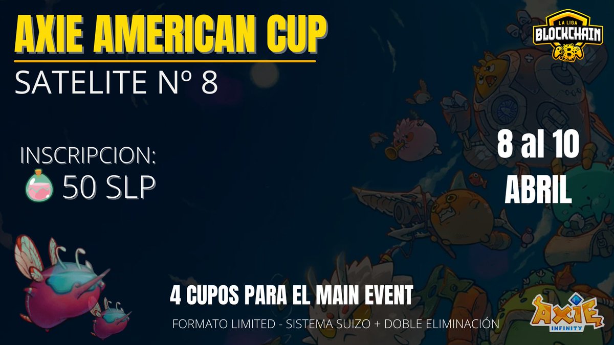Ya lanzamos nuestro 8vo satélite para al Axie American Cup, esta vez con un nuevo formato, con más oportunidades para los participantes, aquí el enlace para inscribirse.
bit.ly/Satelite08
@EsportsAxie <a href="/AxielnfinityEsp/">Axie Infinity Español</a>