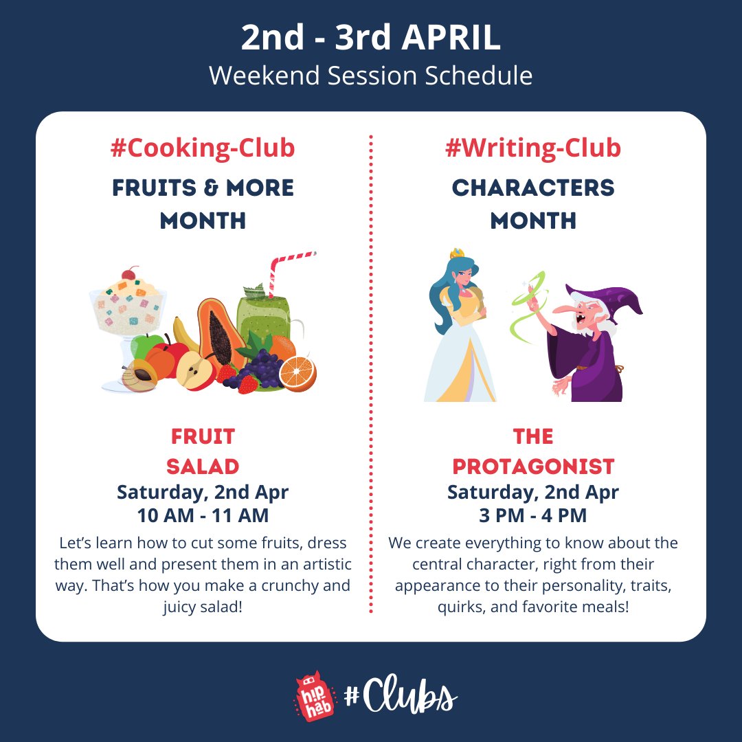 Hip_Hab's tweet photo. Weekend Schedule for Children (1/2)

2nd Apr, Saturday
#cooking Club - Fruit Salads.
#writing Club - Learn how to write the Protagonist #publicspeaking Club - Social Interactions with Role-Plays.

#elearningplatform #passion #children #astronomy #writer #edtechstartup #cooking https://t.co/wikRo1yu0b