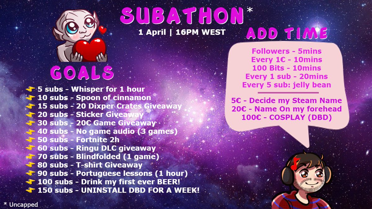 Herobilityy's tweet photo. I'M GOING TO DO MY FIRST EVER SUBATHON! UNCAPPED!
We'll be celebrating reaching 1k followers on twitch on April 1 at 16PM WEST!

Please come with some good vibes and watch me act like a fool on camera😂

#twitchstreamer #subathon #TwitchAffliate #streamer #jellybeans https://t.co/WMNAizSAid