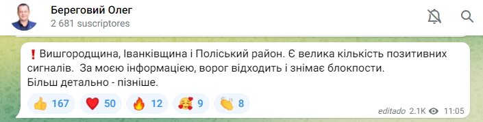 elestedelesto's tweet photo. Good news in Ivankiv? 

Translation by Google:
Vyshhorod region, Ivankiv region and Polissya district. There are a lot of positive signals. According to my information, the enemy is retreating and removing checkpoints.
More details later https://t.co/0fJaNgOjF6