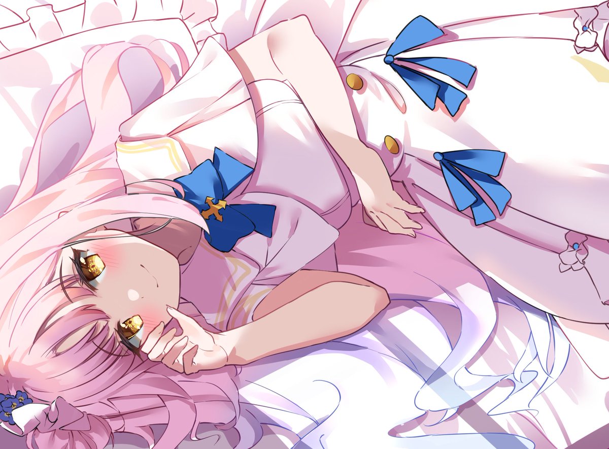 mika (blue archive) 1girl pink hair solo lying yellow eyes dress long hair  illustration images