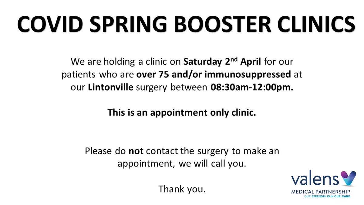 MedicalValens's tweet photo. We are holding a clinic on Saturday 2nd April for our patients who are over 75 and/or immunosuppressed at our Lintonville surgery between 08:30am-12:00pm. 
This is an appointment only clinic. 
Please do not contact the surgery to make an appointment, we will call you. https://t.co/W09LRqHB2v