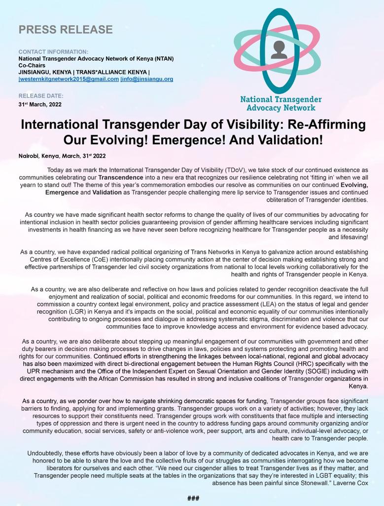Happy International Transgender Day of Visibility (TDoV) to all Transgender and Gender Non Conforming people.

#YouAreLoved 💜💛💚🧡
#YouAreValid 
#Wecareforyou 💘
<a href="/AstraeaUpdates/">Astraea Foundation</a> @UHAIEASHRI @trans_fund <a href="/TUIGroup/">TUI Group</a> <a href="/OpenSocietyEA/">Open Society Initiative for Eastern Africa</a> @OutRightIntl