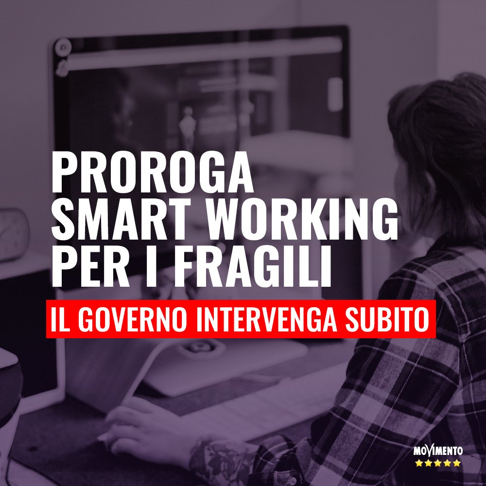 Mov5Stelle's tweet photo. Da domani, a causa della mancata proroga dello #smartworking per i lavoratori fragili, in migliaia dovranno rientrare in ufficio con tutti i rischi che ciò può comportare. È perciò auspicabile che il Governo rimedi subito a questa incresciosa situazione varando una norma urgente. https://t.co/GG2ZO2HKPD