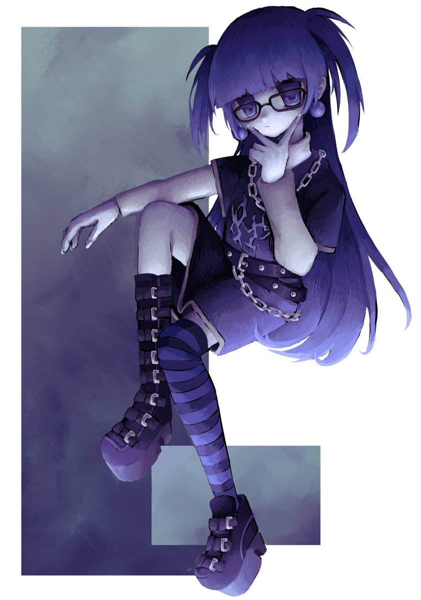 1girl solo glasses earrings jewelry long hair purple hair  illustration images