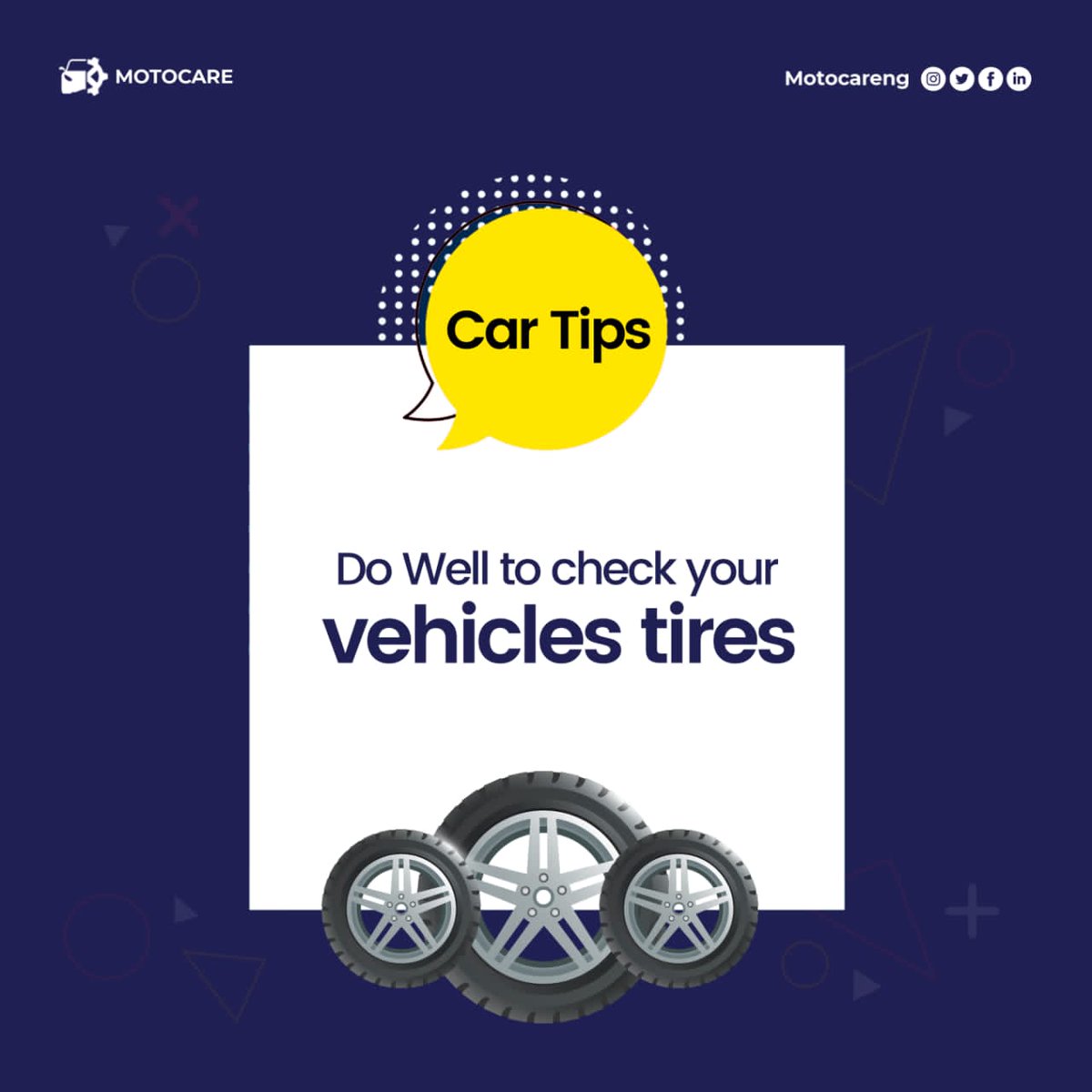 motocareng's tweet photo. Many car accidents are linked to bad tyres.
Check your tyres, take care of them, as if they are your jewels because they actually are.
#Motocare #cartips #automobileengineer https://t.co/XPn6wvjmV4