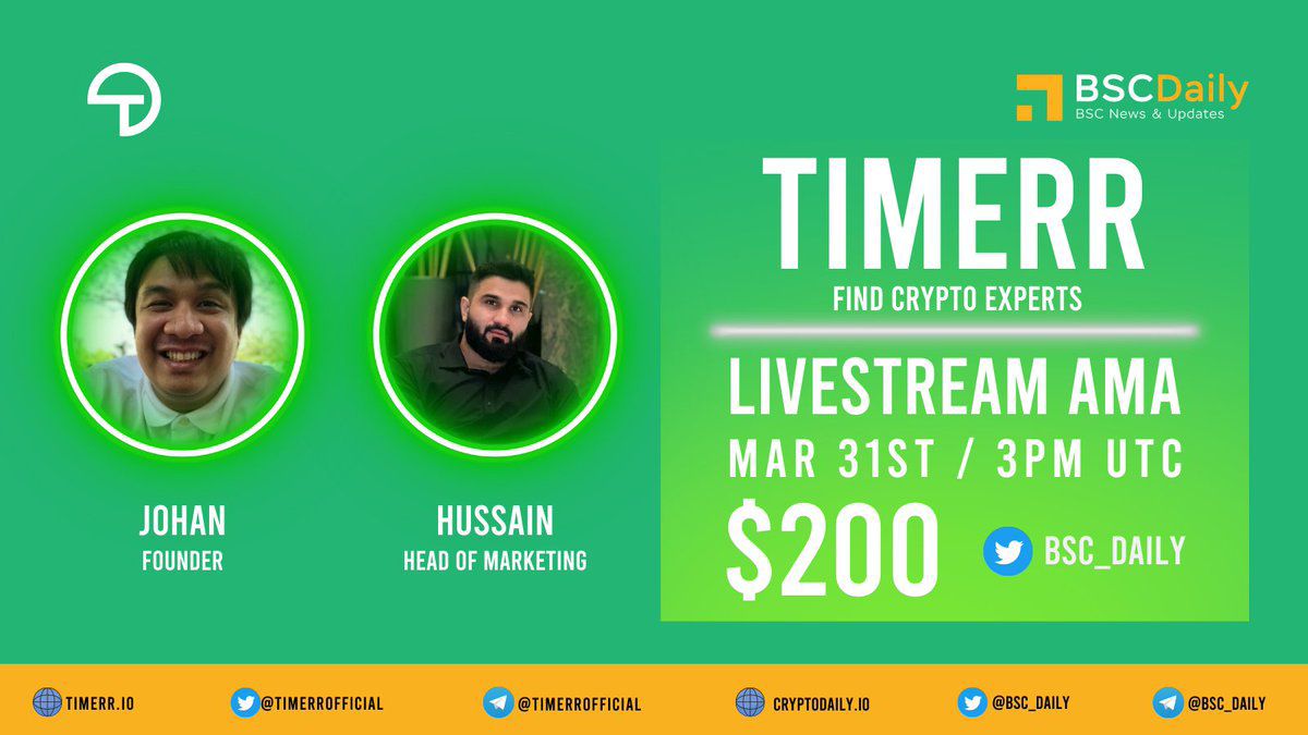 KenANNA93's tweet photo. @kucoincom @launchblockcom Do you want to Know more about  #Timerr ?
🎙⌚️$Timerr will be doing a   Livestream AMA with BSCDaily March 31st 2022 15:00UTC 🎙⌚️

📍Twitter venue: https://t.co/0N9V36I8o1

📍Youtube venue: https://t.co/EJElkp2jPo

💴Prize Pool: $200
#TimerrTo1Dollar  #AMA #BSCDaily $mng $Timerr https://t.co/krhICrLoYf