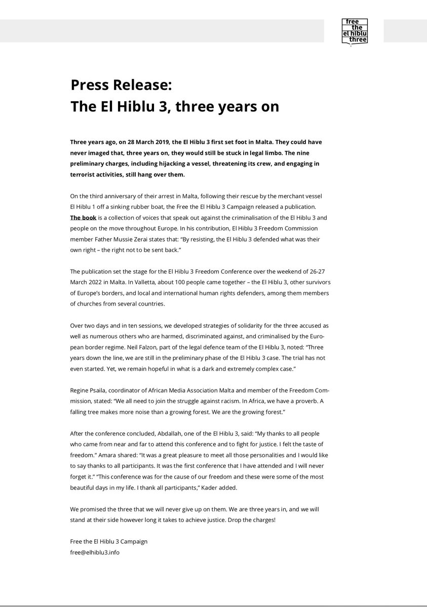 PRESS RELEASE!

We promised the #elhiblu3 that we will never give up on them. We are three years in, and we will stand at their side however long it takes to achieve justice. 

Drop the charges!