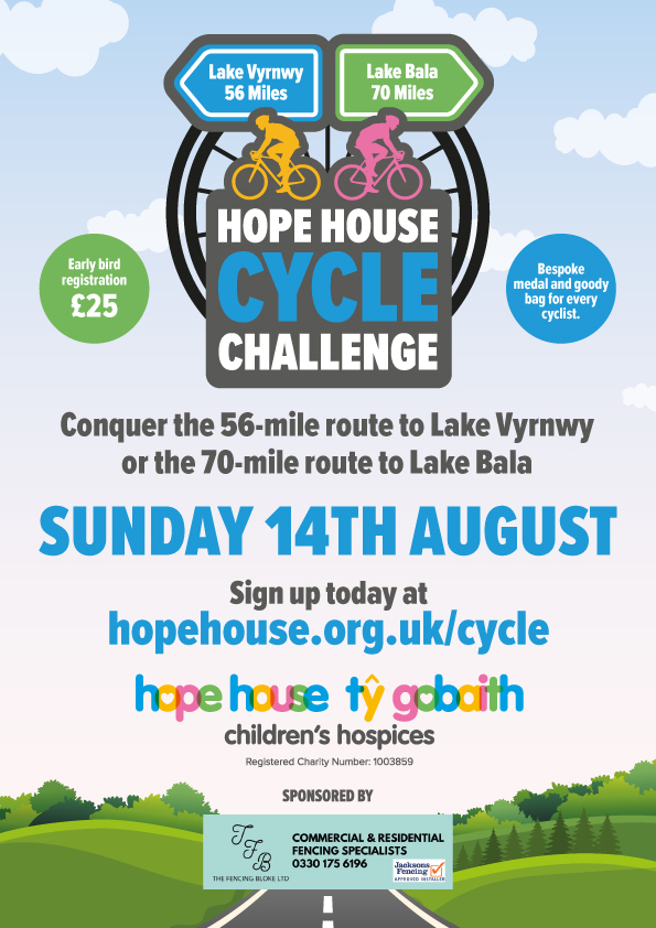 We are proud to sponsor The <a href="/HHTGhospices/">Hope House & Tŷ Gobaith Children's Hospices</a> #CycleChallenge on Sunday 14th August 2022 

sign up today hopehouse.org.uk/cycle 
Thanks <a href="/HopeHouseNicky1/">HopeHouseNicky</a>

#Charity #chestertweets #Chester #NWales