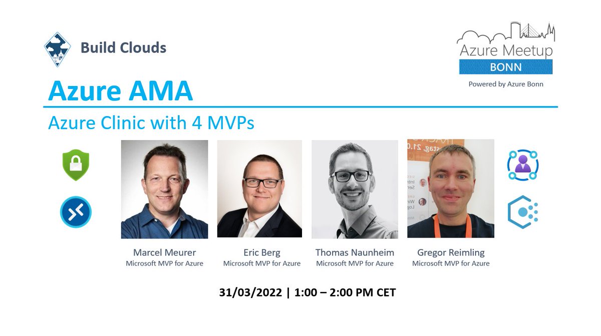 Thomas_Live's tweet photo. #Azure ☁️#AskMeAnything Session 🎙️
📅Today at 1:00 PM CEST
Join this interactive session with MVP fellows
@ericberg_de, @GregorReimling and @MarcelMeurer.
Ask your questions about #AVD, #AzurePolicy, #MDC, #AzureAD, #AzureSecurity and more!
https://t.co/7IRWaGdj1B https://t.co/Tb9ZpUkBFT