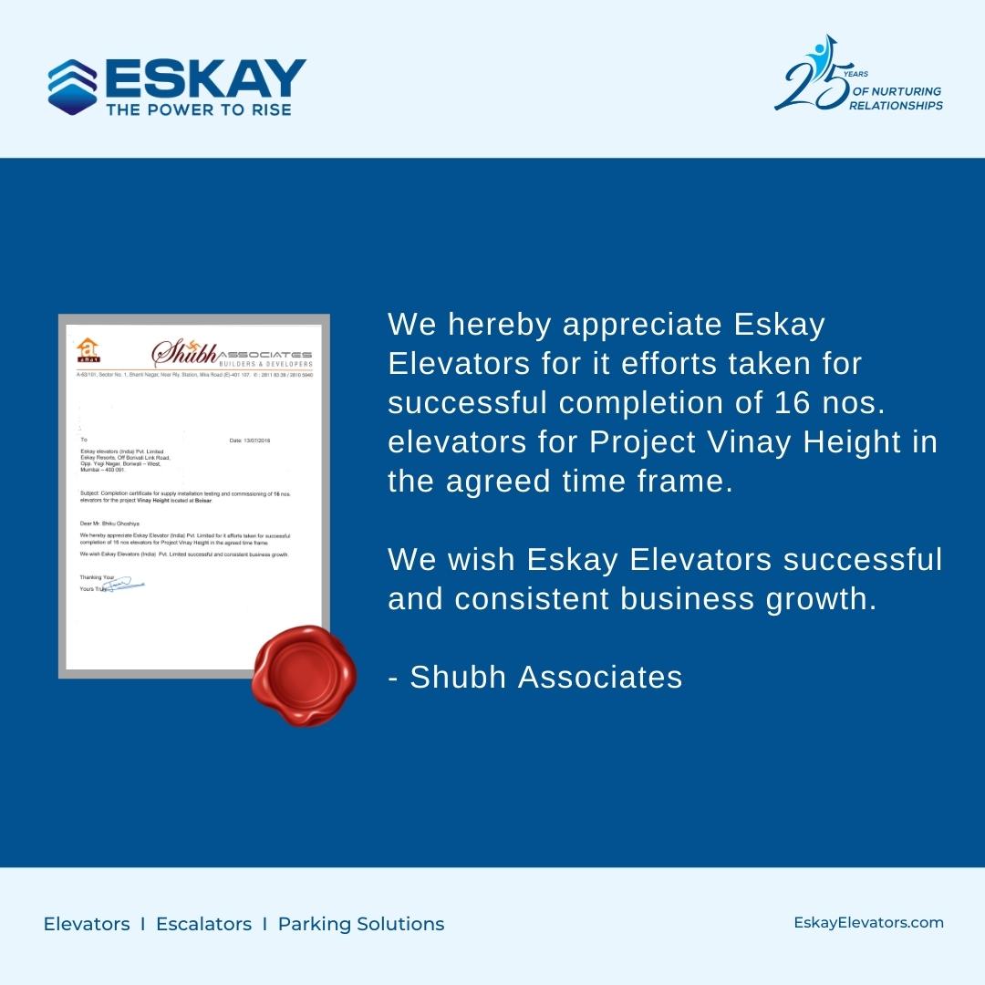 eskayelevators's tweet photo. One of the key projects executed by Eskay Elevators was "Vinay Height" for Shubh Associates. 

We are pleased to share the completion certificate received from them for the installation of 16 #elevators within the committed time frame.
#eskayelevators
#escalators
#powertorise https://t.co/0f5WC1HY0O