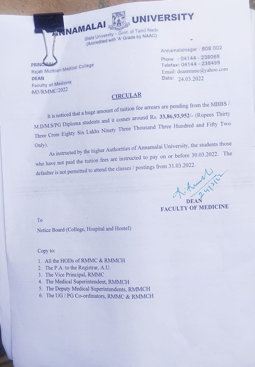 maruthuvargal's tweet photo. Students will not be permitted to attend the classes, postings and name will be removed from attendance. A govt medical College Dean issues circular demanding fees in crores (as instructed by higher authorities?!). WHY???? https://t.co/2FhKeZLD8m