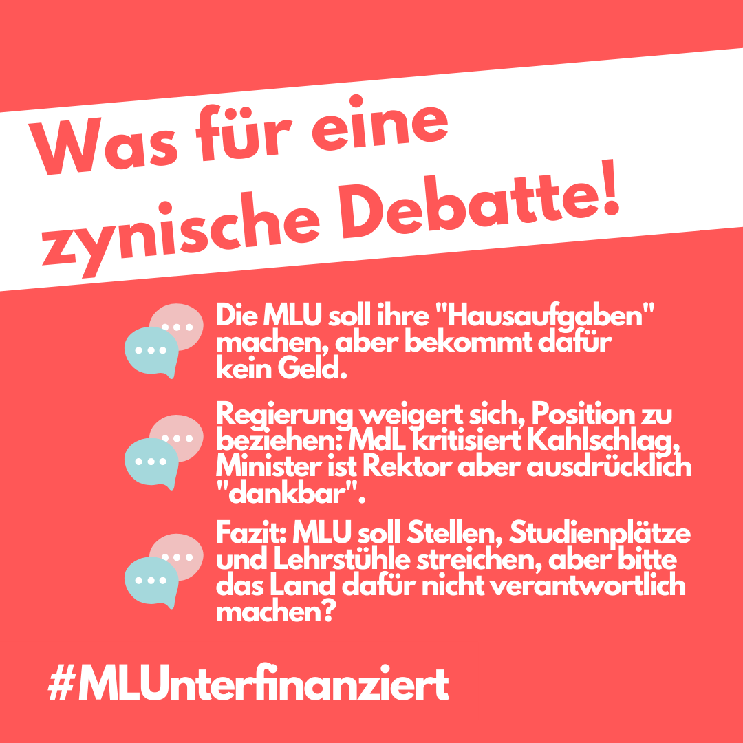 MLUnterfinanz's tweet photo. Die Debatten zur Hochschulfinanzierung in der Landespolitik kann man fast nur noch zynisch nennen. Einerseits will natürlich niemand mit dem Kahlschlagspapier in Verbindung gebracht werden, andererseits will man der MLU auch kein Geld geben und findet es gut, wenn sie sich in /2 https://t.co/Pec23FfeZ8
