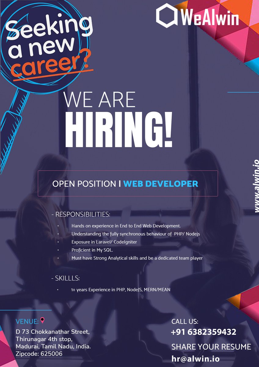 Are you in Search of a #WebDevelper Job? Here is the Best opportunity to take care of your career.

Mail your CV to >> hr@alwin.io 
Contact no : +91 6382359432

#webdevelopers #jobhiring #hiringnow #hiringpost #jobseekers #nowhiring #recruitment #maduraijobs #maduraijobseekers