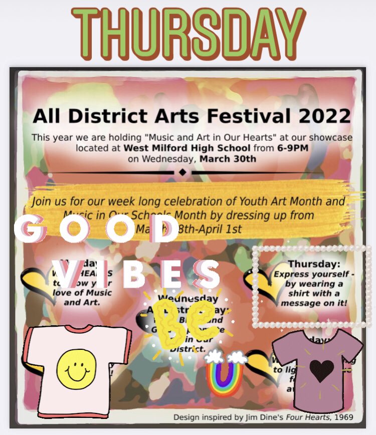 The festival may be over but the celebration of Youth Art Month and Music In Our Schools Month is still going! Express yourself today by wearing a shirt with a [school appropriate] message on it.