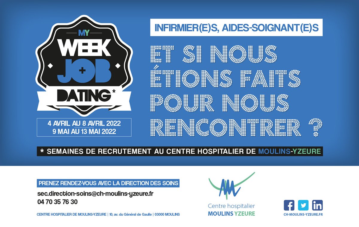 CHMOULINSYZEURE's tweet photo. #MYWEEKJOBDATING
🆙 Il reste encore des places : contactez-nous !
Vous êtes #infirmier(e), #aidesoignant(e), #étudiant(e) ?
✅ #SaveTheDate
✅ Le @CHMOULINSYZEURE vous propose 2️⃣semaines pour venir échanger avec sa #DirectionDesSoins sur votre projet de carrière ⤵⤵ https://t.co/Fn5z68JPXg