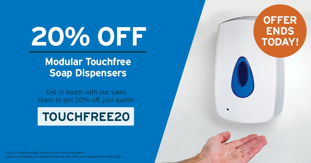 Today is your last chance to get 20% off our Touch free Soap Dispensers!

Get in touch and quote TOUCHFREE20 before midnight tonight (31st March) to claim your discount!