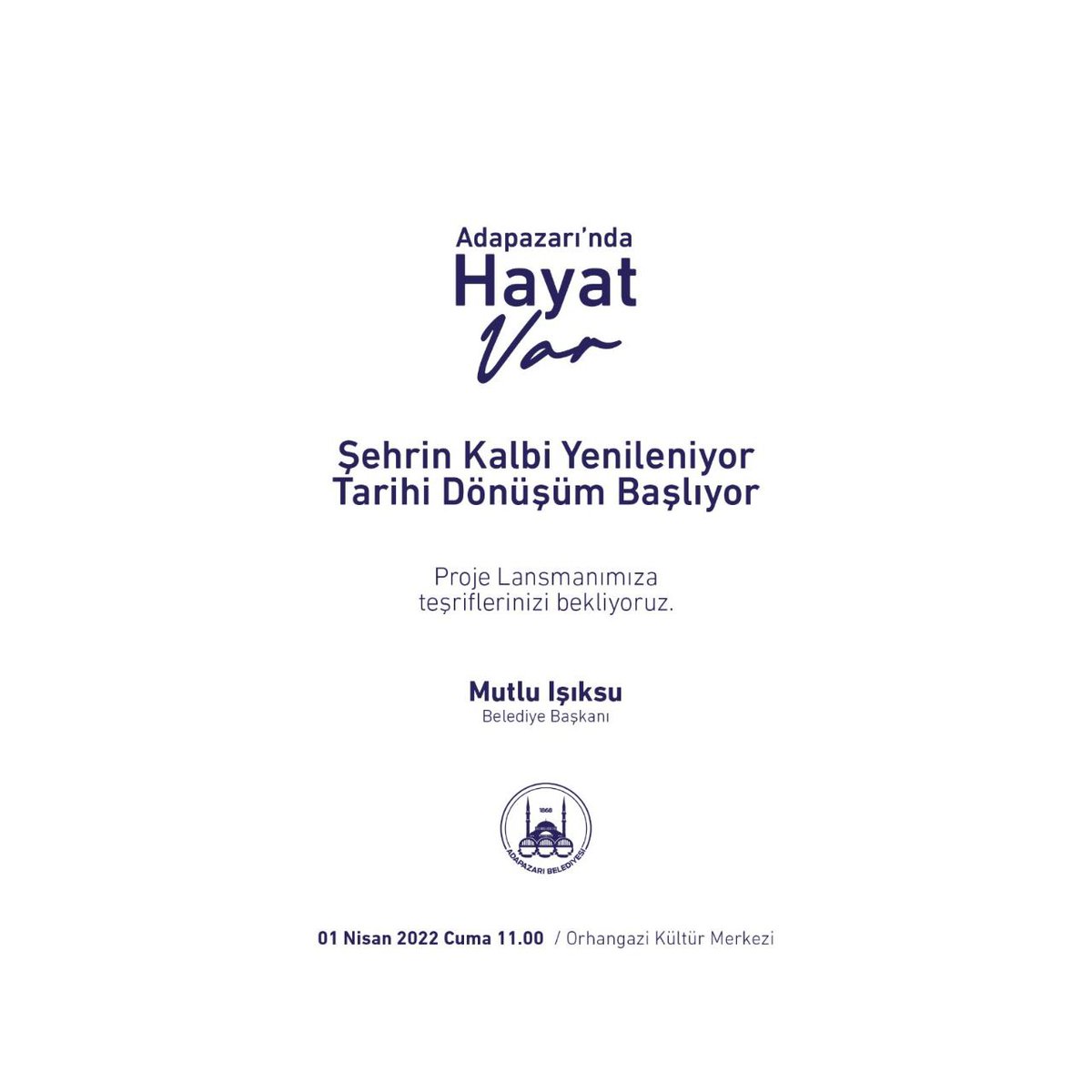 Adapazarı'mız için beklenen gün geldi. 

Şimdi daha yüksek bir sesle "Adapazarı'nda Hayat Var" diyor; şehrin kalbini yenilemek ve tarihi dönüşümü başlatmak için hazırladığımız dev projemizi kamuoyuyla paylaşıyoruz.