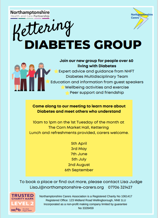 NorthantsCarers's tweet photo. Diabetic Group starts next week, for further details contact Lisa on 07706 321427 or LisaJ@northamptonshire-carers.org #diabeticsupport #carersupport @nhft https://t.co/qzQpoW6VFU