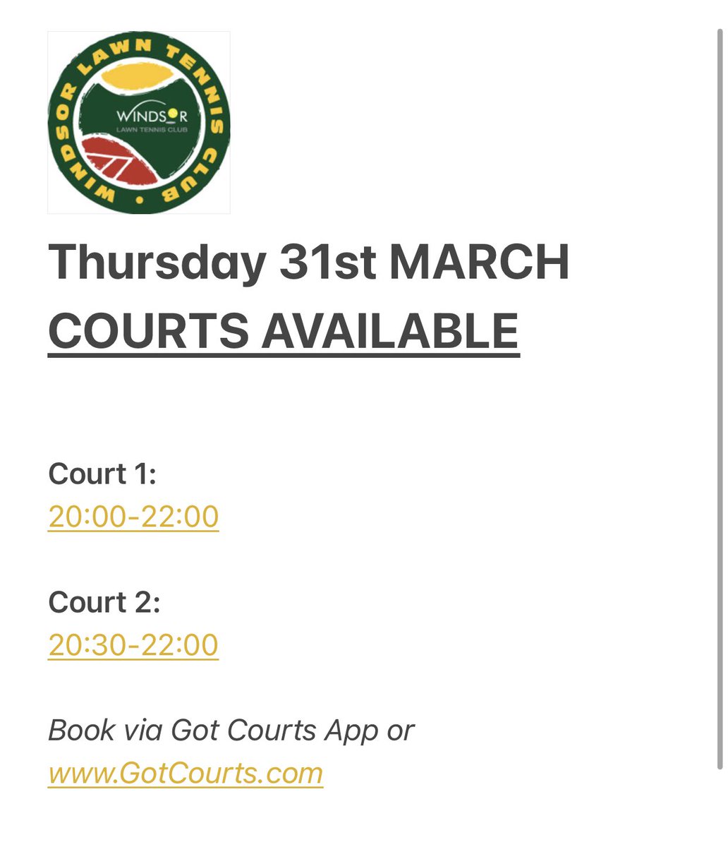 windsorlawn's tweet photo. INDOOR COURT ALERT! Book via Got Courts app if you fancy some last minute court time #wltc https://t.co/IixqP7KZhY