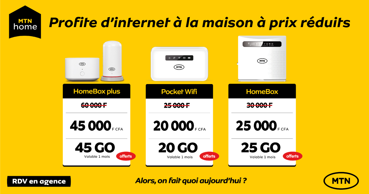 MTNCotedIvoire's tweet photo. Toi aussi viens profiter d'internet à un prix réduit. Jusqu'au 8 Avril, nos équipements internet sont moins chers pour que tu t'enjailles encore plus. Tague tes amis qui doivent pas louper ce son ! 😉
Alors, #OnFaitQuoiAujourdhui ?
#MTNHomebox
#MTNTInternet
#MTNCI https://t.co/PtTAsnUbrP