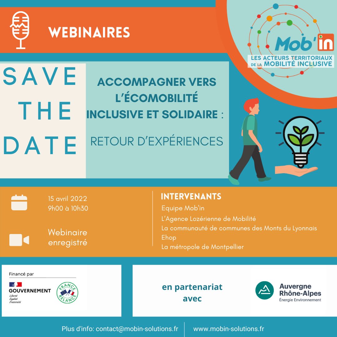 📣 RAPPEL !

📣Le Réseau Mob'In et ses partenaires vous donnent RDV le 15 avril 2022 à 9h pour le webinaire : "ACCOMPAGNER VERS L'ÉCOMOBILITÉ inclusive et solidaire : retour d'expériences
↪ Inscrivez-vous ICI : urlz.fr/hJg7