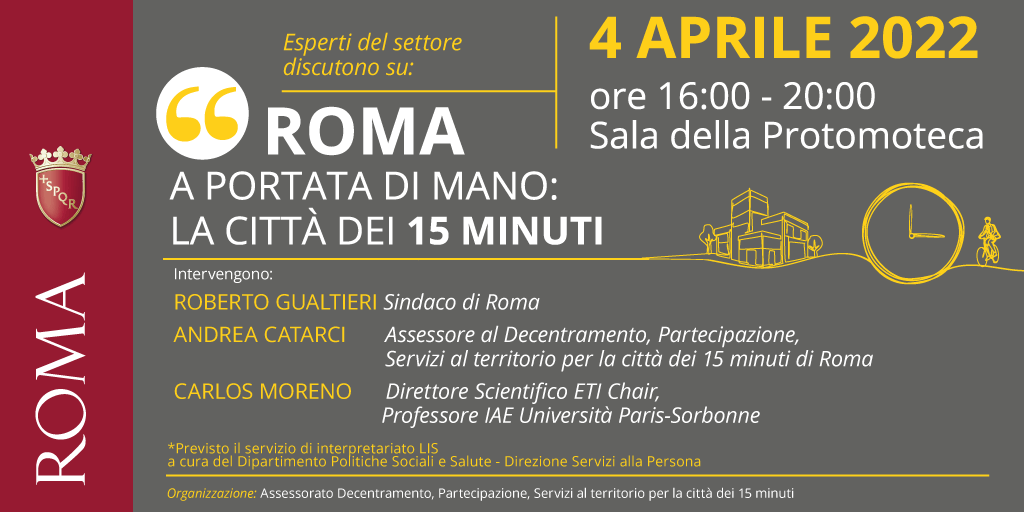 Roma's tweet photo. 📌“Roma a portata di mano: la città dei 15 minuti”: evento aperto al pubblico che si terrà il 4/4 alle 16 in Campidoglio
📌Amministratori ed esperti si confronteranno su un modello di sviluppo nel quale i servizi siano vicini e accessibili ai cittadini 
👉https://t.co/W91jcOys2I https://t.co/2PEnEQdpuB