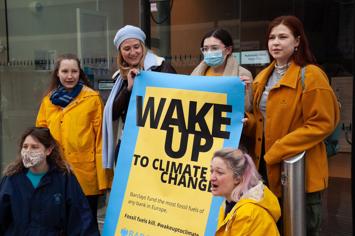 fossilfreeLDN's tweet photo. We woke up bright and early this morning to deliver @Barclays Bank this advert of theirs, made honest, the day after @RAN published their #BankingOnClimateChaos report putting this London bank as Europe’s top fossil funder 

🛢🛢🛢😟🌪🌊🥵#wakeup https://t.co/s3LDz6tHoF