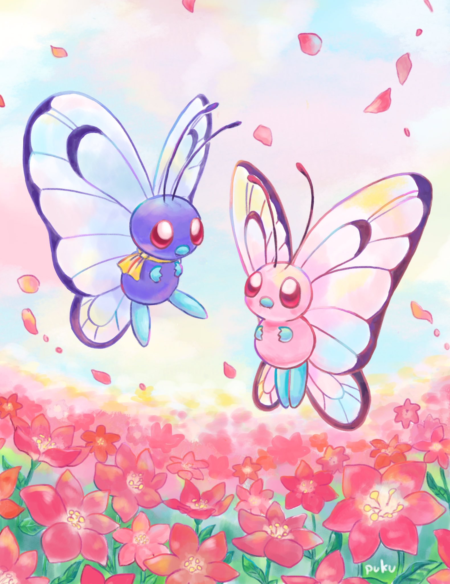 ぷく Oo 仲良しバタフリー 昔から仲良くしてもらっているフォロワーさんへのプレゼントで描きました アニポケのサトシのバタフリーと彼女のピンクバタフリーが仲良くお話ししているところです ポケモン絵描きさんと繋がりたい イラスト T
