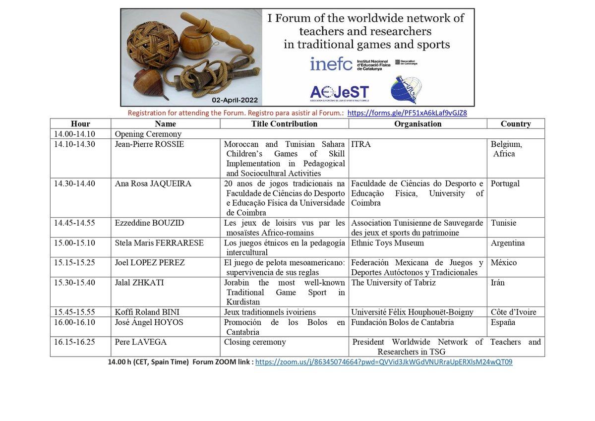 We would like to remind you that this Saturday 2nd April at 14:00 (CET, Spanish time) we are going to celebrate the 1st World Forum of Network of Teachers and Researchers in Traditional Games and Sports. Registration: forms.gle/8zAhrKjTpL63Nh…
Web: aejest.com 
#aejest