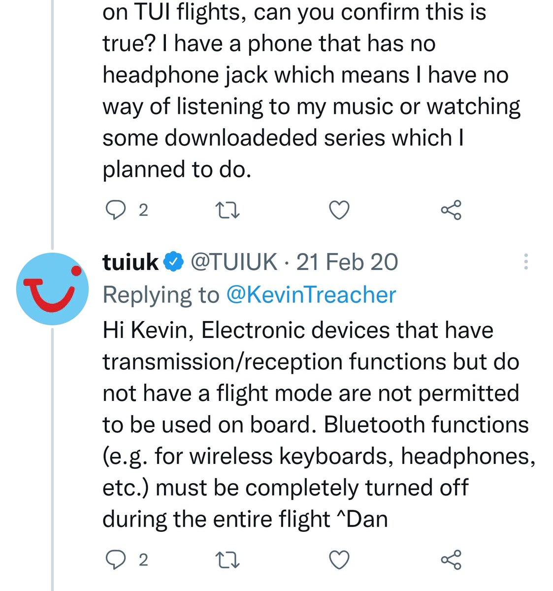 adamsFam76's tweet photo. @TUIUK Hi TUI! No Info on this on your help pages. These conversations seem to contradict one another. I noticed the one that says yes to bluetooth headphones is  2021. Can I presume this rule has been changed as of 2021 and that I can use Bluetooth headphones next flight? https://t.co/rbCemcrRUr