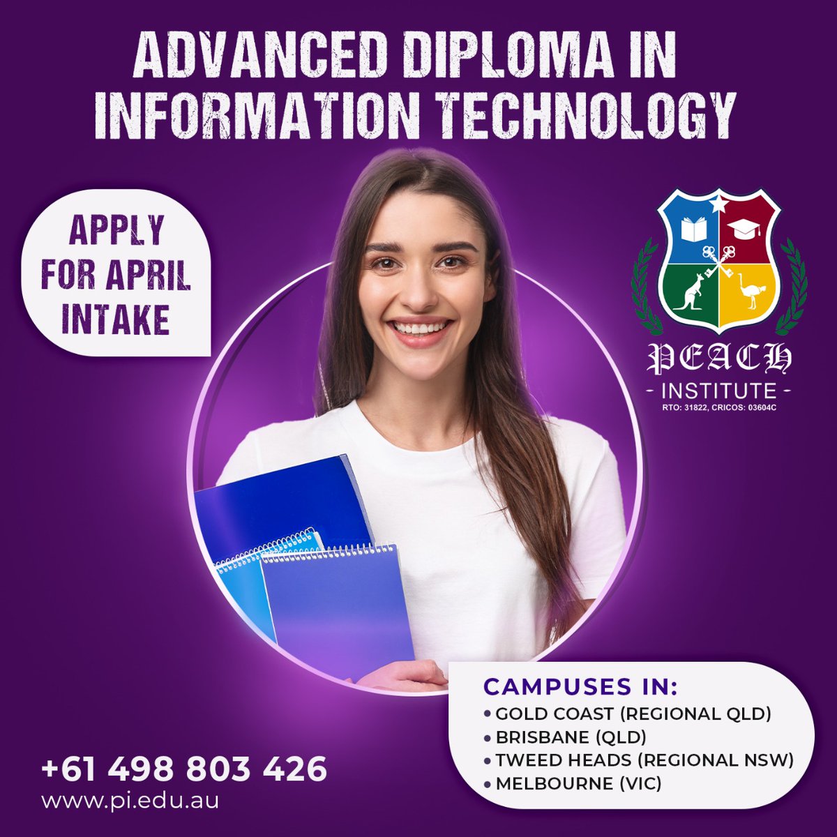 PeachInstitute's tweet image. This qualification offers #advanced_information and #communication_technology, process improvement, and business skills and knowledge. 

Campuses:
- Gold Coast (Regional QLD) 
- Brisbane (QLD)
- Tweed Heads (Regional NSW)