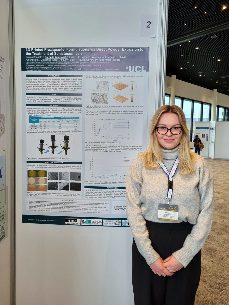 BasitResearch's tweet photo. PhD Research Candidate, Patricija Januskaite, presents her work at #WorldPBP @PBP_organisers on #3DPrinting pranziquantel using #DirectPowderExtrusion. Come to booth no. 2 for more discussion! Representing @transpharmatech π https://t.co/0gdU9MWGnJ