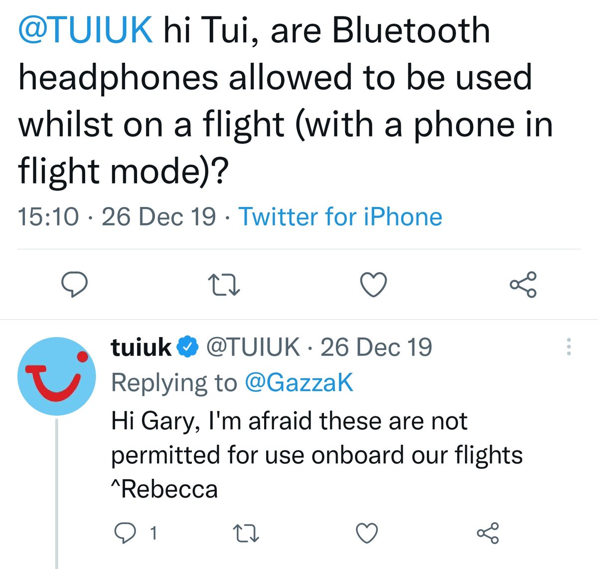 adamsFam76's tweet photo. @TUIUK Hi TUI! No Info on this on your help pages. These conversations seem to contradict one another. I noticed the one that says yes to bluetooth headphones is  2021. Can I presume this rule has been changed as of 2021 and that I can use Bluetooth headphones next flight? https://t.co/rbCemcrRUr