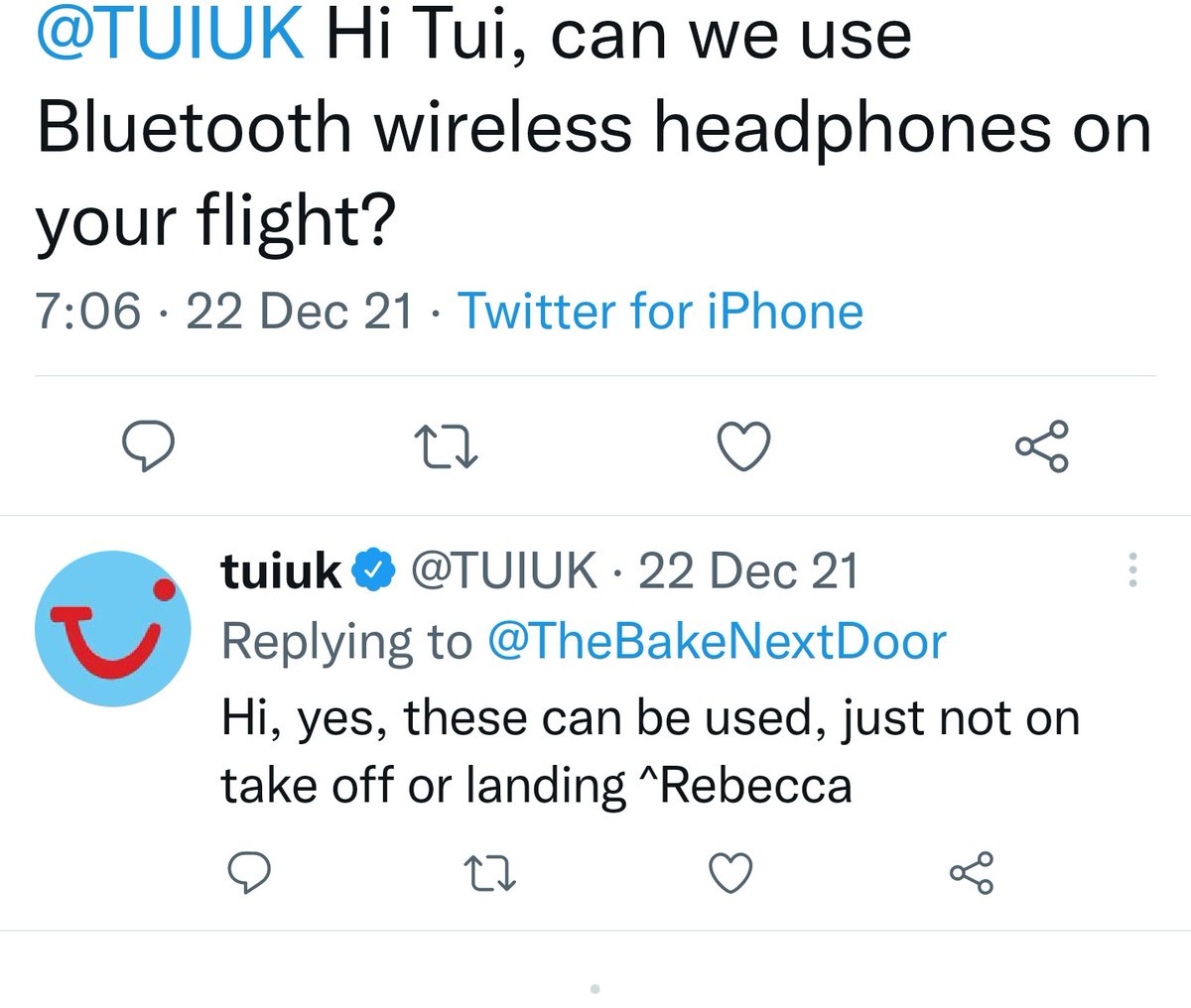 adamsFam76's tweet photo. @TUIUK Hi TUI! No Info on this on your help pages. These conversations seem to contradict one another. I noticed the one that says yes to bluetooth headphones is  2021. Can I presume this rule has been changed as of 2021 and that I can use Bluetooth headphones next flight? https://t.co/rbCemcrRUr