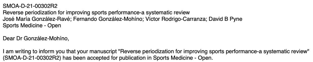 Fer742's tweet photo. 🚨Accepted in @SportsMedicineJ - Open!! "Reverse periodization for improving sports performance-a systematic review". Well done team 💪 @jmgrave @VictorRodrigoCa #DavidPyne https://t.co/DSCs08huXd