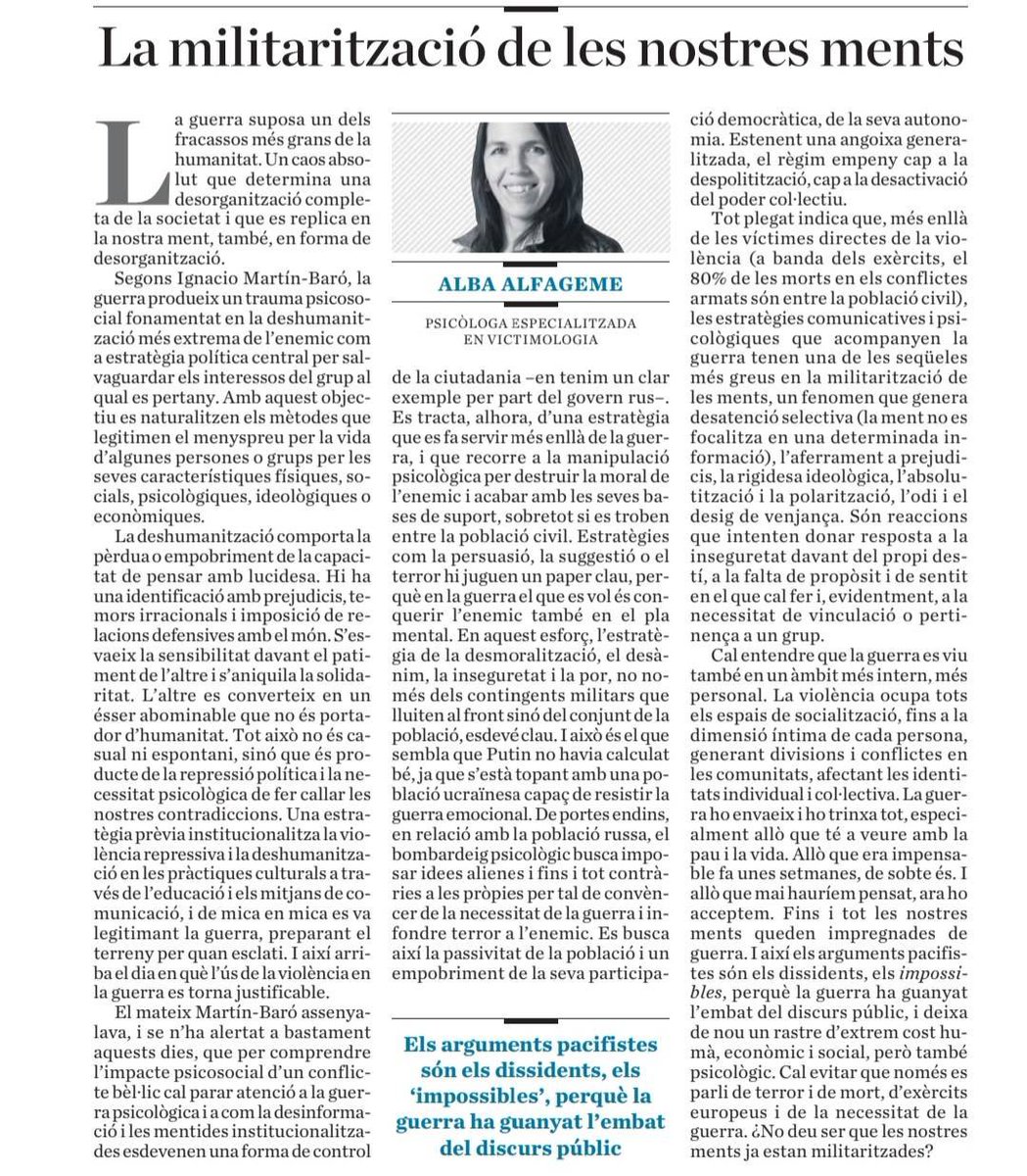 alba_alfageme_'s tweet photo. 🗞 Aquí teniu l'article que he escrit al ⁦@diariARA⁩ sobre la guerra psicològica que esdevé part essencial dels conflictes bèl·lics i com això s’evidencia en el cas de la invasió russa d'Ucraïna. Però també com la guerra pot acabar conquerint les nostres ments... https://t.co/rsgpGw2ThB