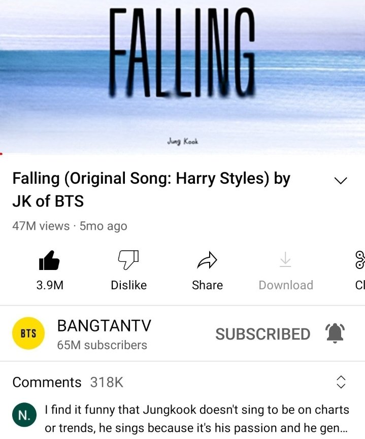 yoonvintaje's tweet photo. [🗒] INFO 

La versión de "Falling" de Jungkook ha superado las 47 millones de visitas, el audio más rápido realizado por un artista solista coreano para alcanzar esto en la historia de YouTube. [+] https://t.co/Y2E6sUkgoZ