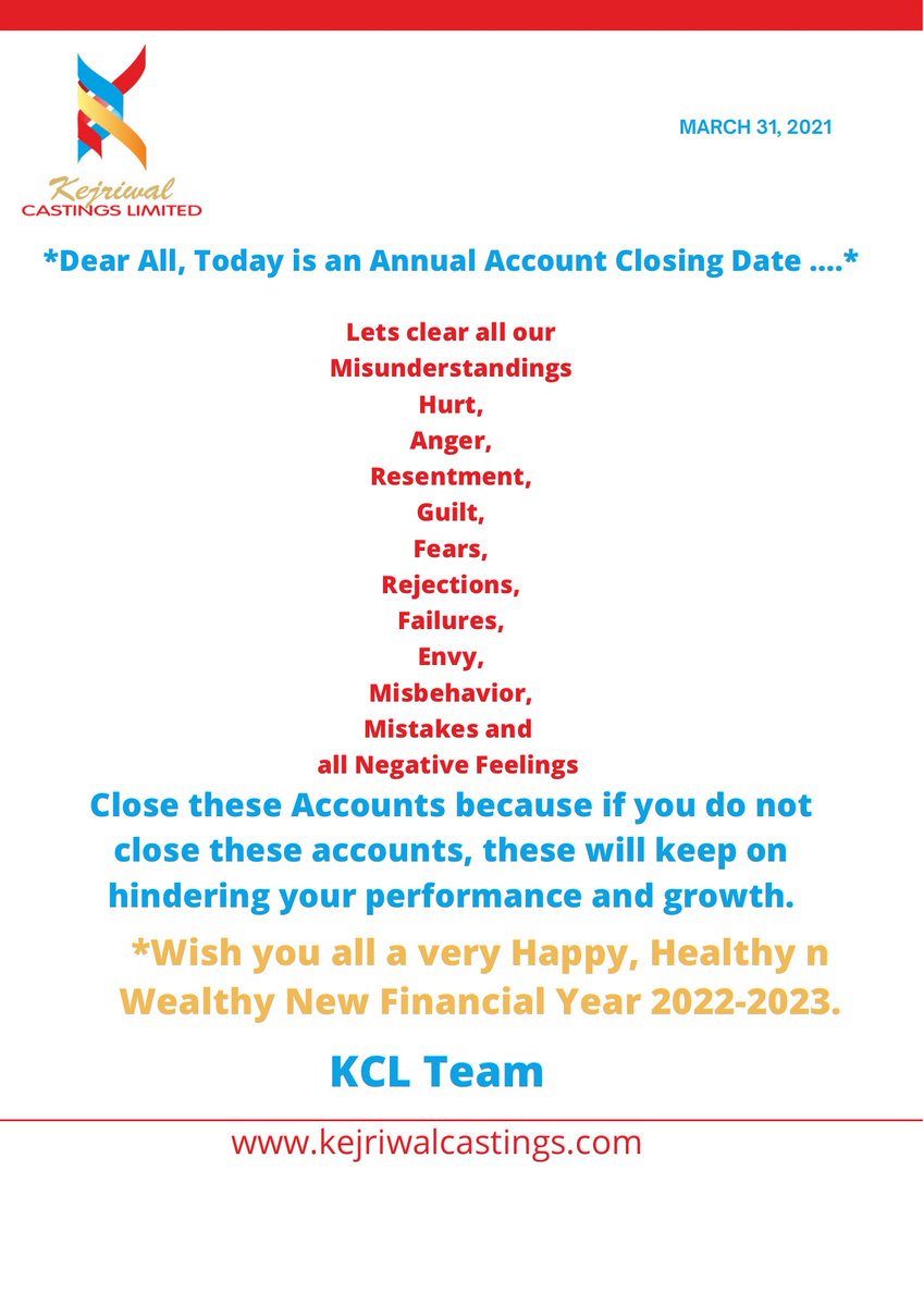 KejriwalCasting's tweet photo. With 2022 Financial Year coming to a close, we wanted to reach out and send our best wishes to you and yours! We hope that 2023 holds success and good fortune in all endeavour we pursue together .
.
#financialyear #financialyearend #teamkejriwal #teamkcl #gratitude #newbeginning https://t.co/GE3CSxhmhn