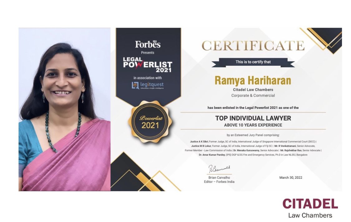 law_citadel's tweet photo. We are delighted to share that our Founder, Ramya Hariharan has been enlisted in the @ForbesIndia Legal Powerlist 2021 as one of the 
Top Individual Lawyers. 

 @LegitQuestLegal #topindividuallawyer #legalpowerlist2021 #forbesindia #legitquest #lawyers #citadellawchambers https://t.co/MbNJ0jdcux