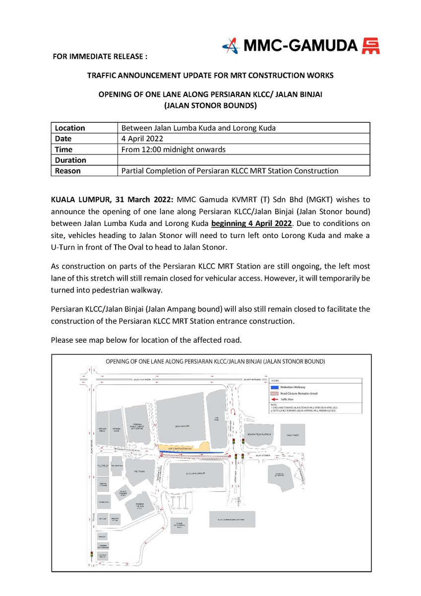 MMCGAMUDAMRT's tweet photo. Opening of one lane along Persiaran KLCC/Jln Binjai (Jln Stonor bound) btw Jln Lumba Kuda &amp; Lrg Kuda beginning 4 April 2022, from 12:00 midnight onwards. vehicles heading to Jln Stonor will need to turn left onto Lrg Kuda &amp; make a U-Turn in front of The Oval to head to Jln Stonor https://t.co/DkfSOTJD3u