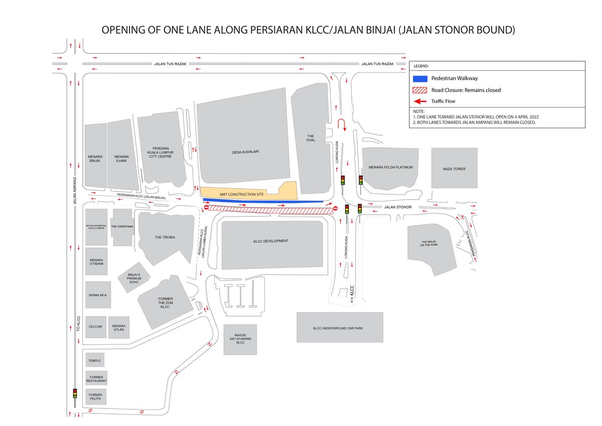MMCGAMUDAMRT's tweet photo. Opening of one lane along Persiaran KLCC/Jln Binjai (Jln Stonor bound) btw Jln Lumba Kuda &amp; Lrg Kuda beginning 4 April 2022, from 12:00 midnight onwards. vehicles heading to Jln Stonor will need to turn left onto Lrg Kuda &amp; make a U-Turn in front of The Oval to head to Jln Stonor https://t.co/DkfSOTJD3u