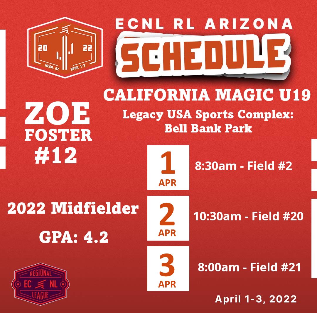 Check out my ECNL RL Arizona schedule for this weekend! I can't wait to take the field with @calmagic04 and know it will be another memorable event! Go, Magic! <a href="/ADGloden/">Anne Gloden</a> <a href="/copastc/">COPA Soccer Training Center</a> <a href="/NcsaSoccer/">NCSA Soccer</a> #COPATrain