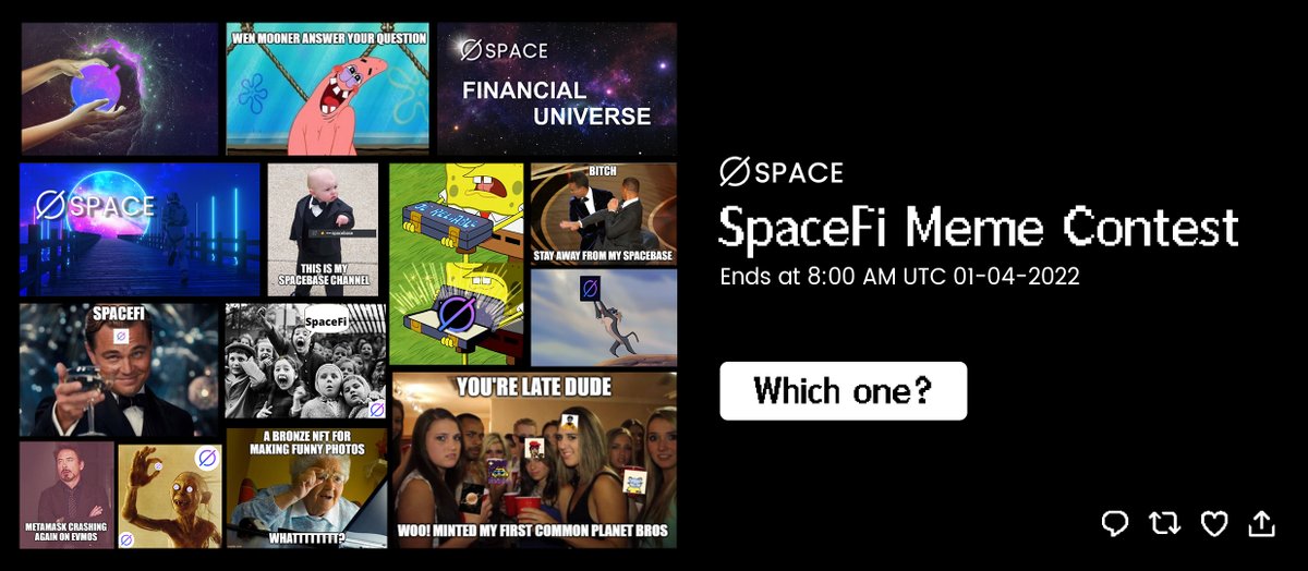 spacefi_io's tweet photo. #SpaceFi Meme Contest Countdown: 1 Day
Which one is your favorite?
Vote here: https://t.co/MXdnvnEh7n
#Emvos #CELO #Memes https://t.co/dBxWw3NRtm